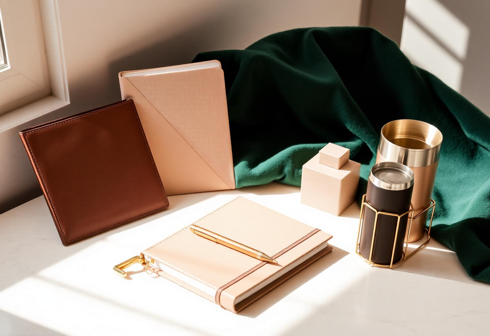 Curated CTC Solutions merchandise arranged on a marble desk in soft window light